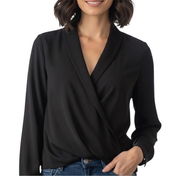 L'Academie Tops - L’Academie Black Crossover Drape Front Long Sleeve Blouse Size Medium